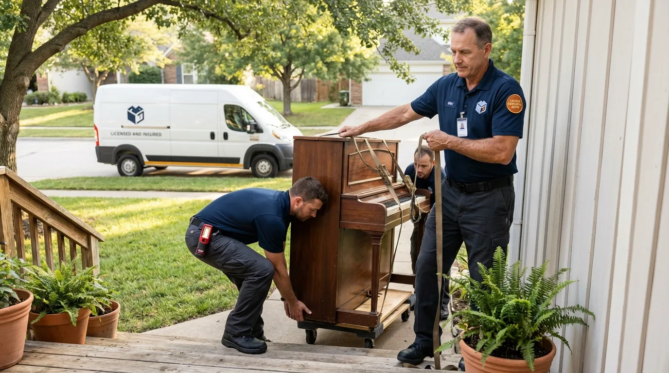Licensed piano movers securing grand piano in Middlebourne, WV