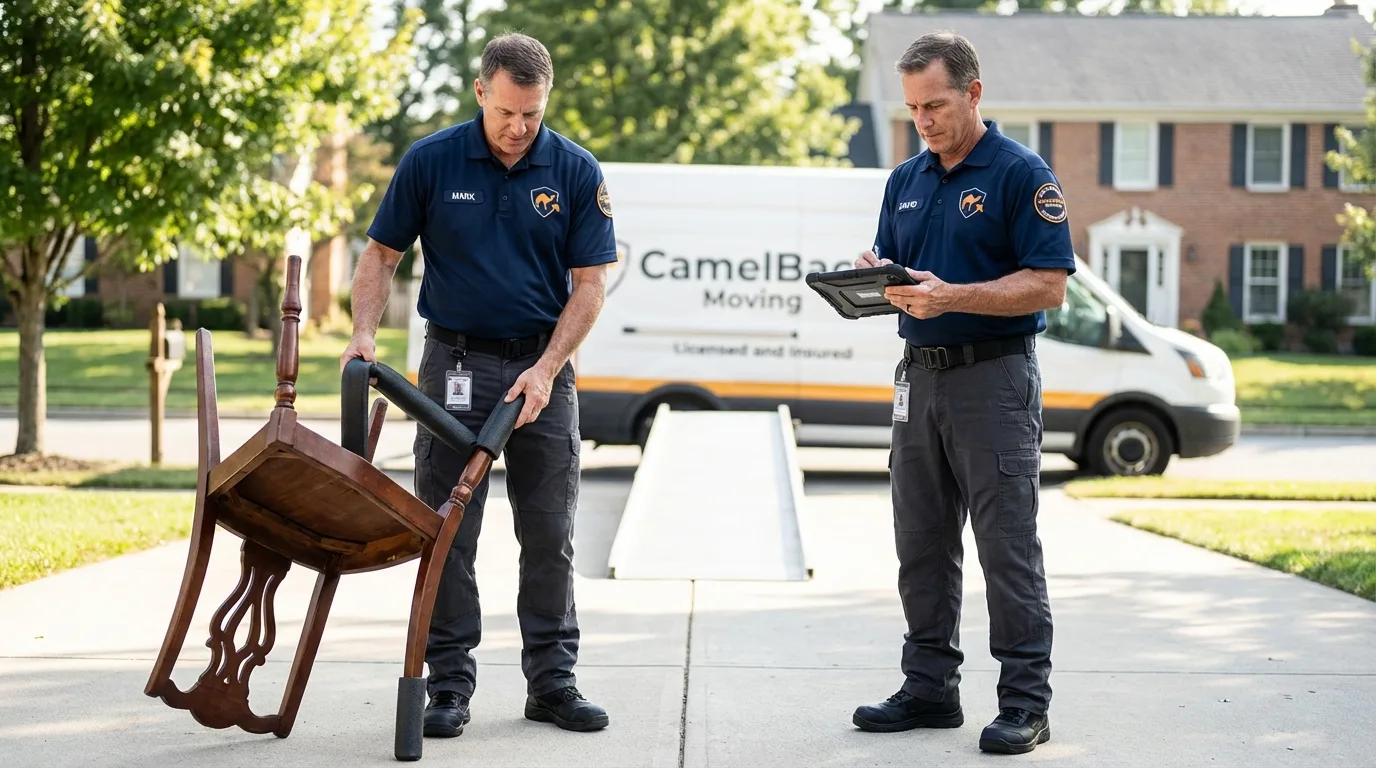 Movers inspecting furniture for damage prevention before loading in Middlebourne, WV